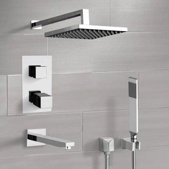 Tub and Shower Faucet Chrome Thermostatic Tub and Shower Faucet Set with Rain Shower Head and Hand Shower Remer TSH44